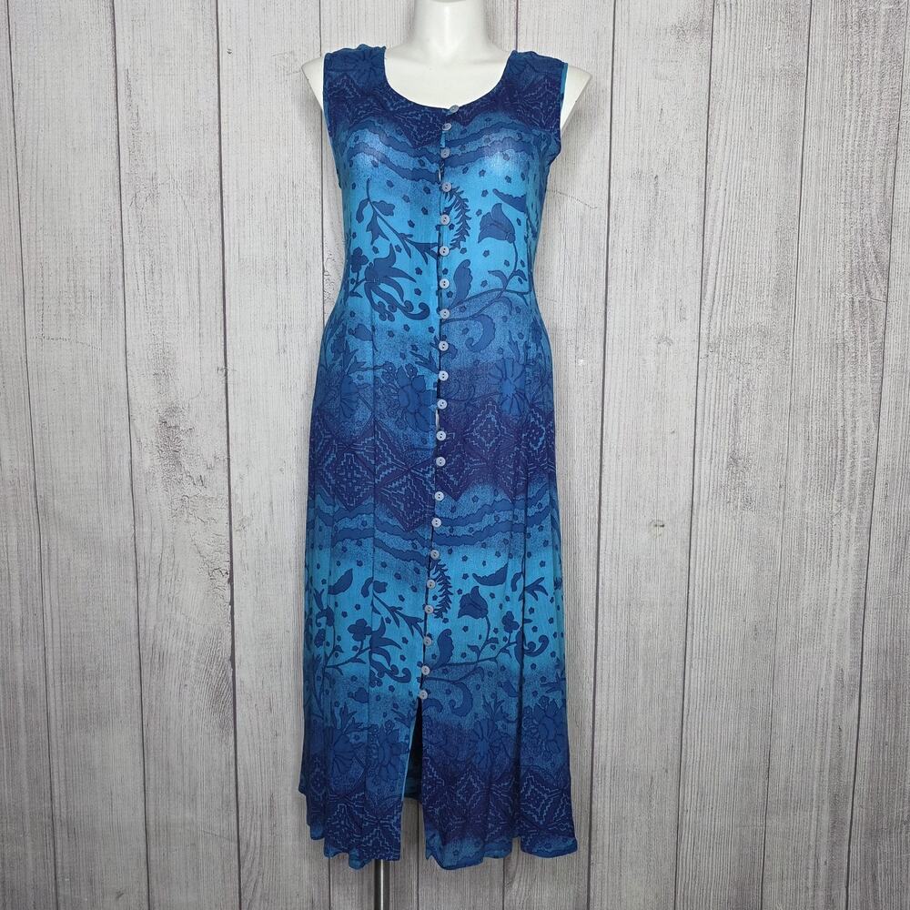 VTG 90s Phool Blue Rayon Maxi Dress Boho India Floral Tie Back Button Front - M